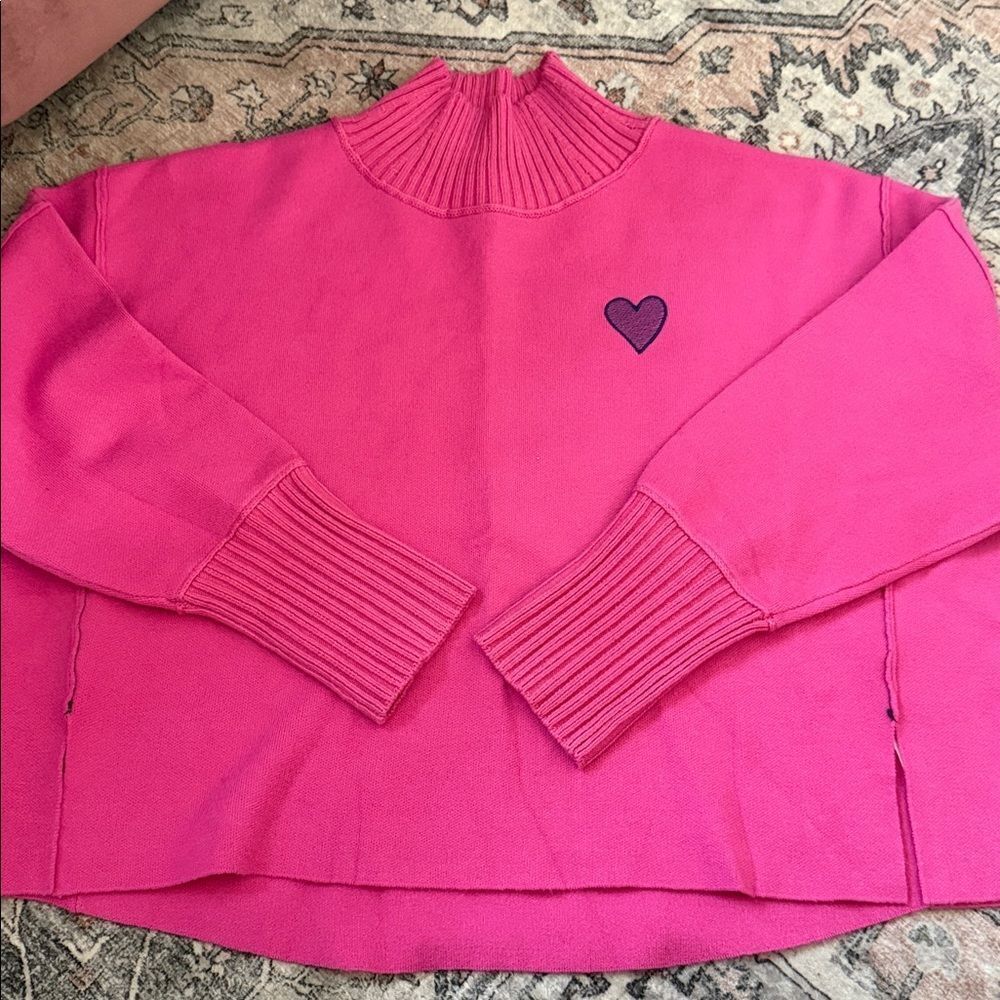Anthropologie Maeve The Logan Embroidered Heart Sweater in Pink NWOT - Picture 3 of 5